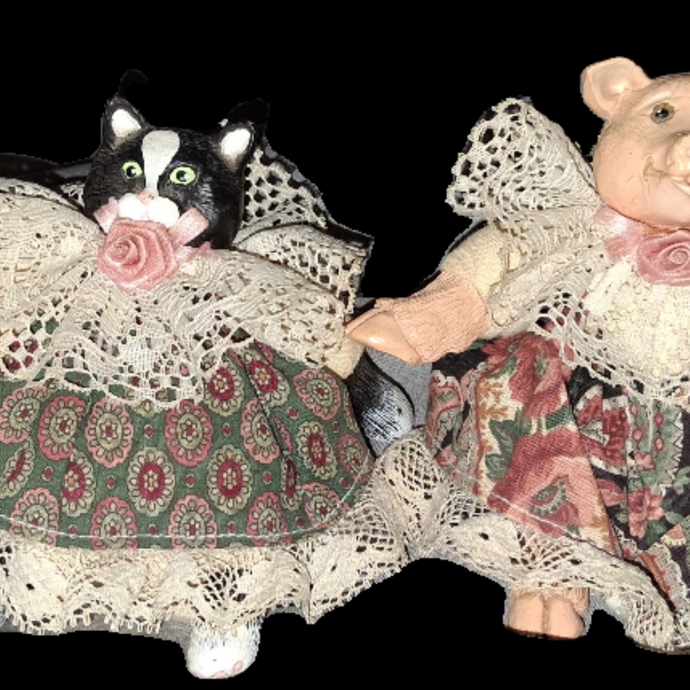 Handcrafted Cat and Pig Figurines with Lace Dresses